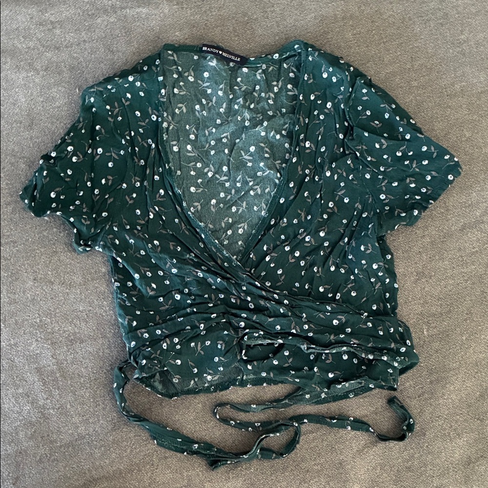 Brandy Melville Dark Green Floral Wrap Blouse
